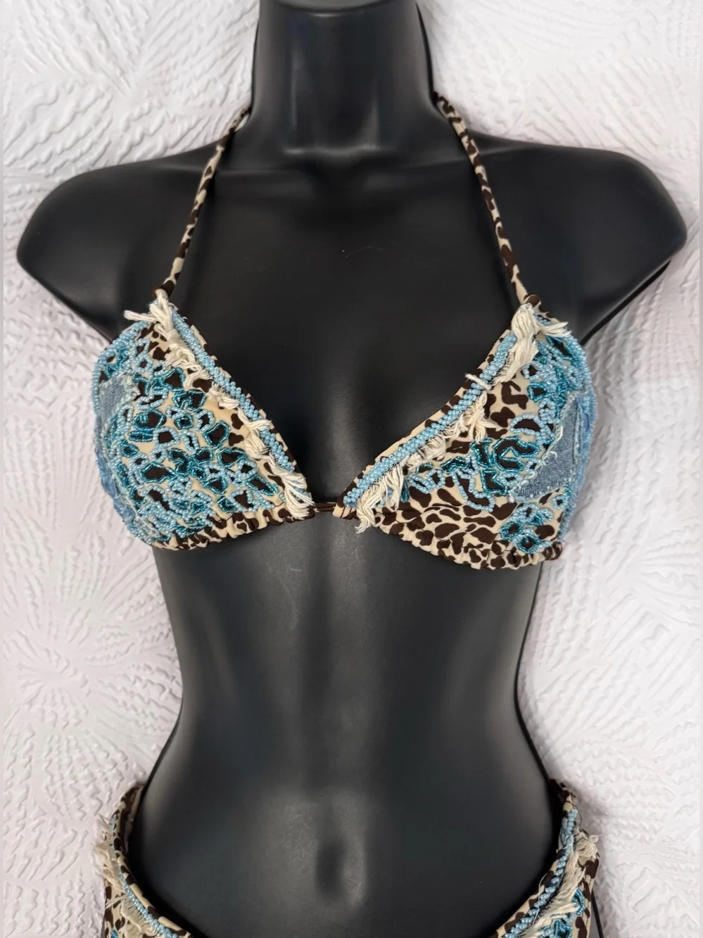 Leopard Print Bikini with Blue beading & fringe Accents